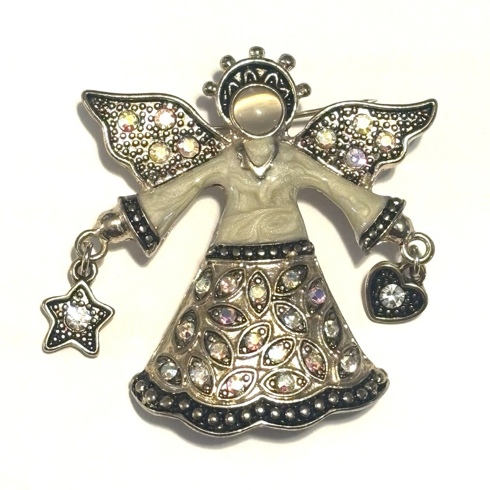 KC Angel Brooch Silver Tone Enamel Rhinestone Dangle Star Heart Cat Eye Cabochon